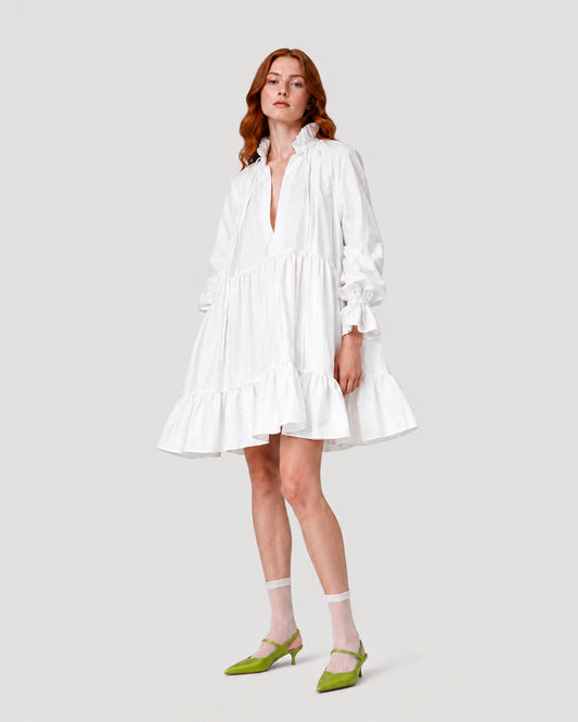 WHITE POPLIN RUFFLED DRESS