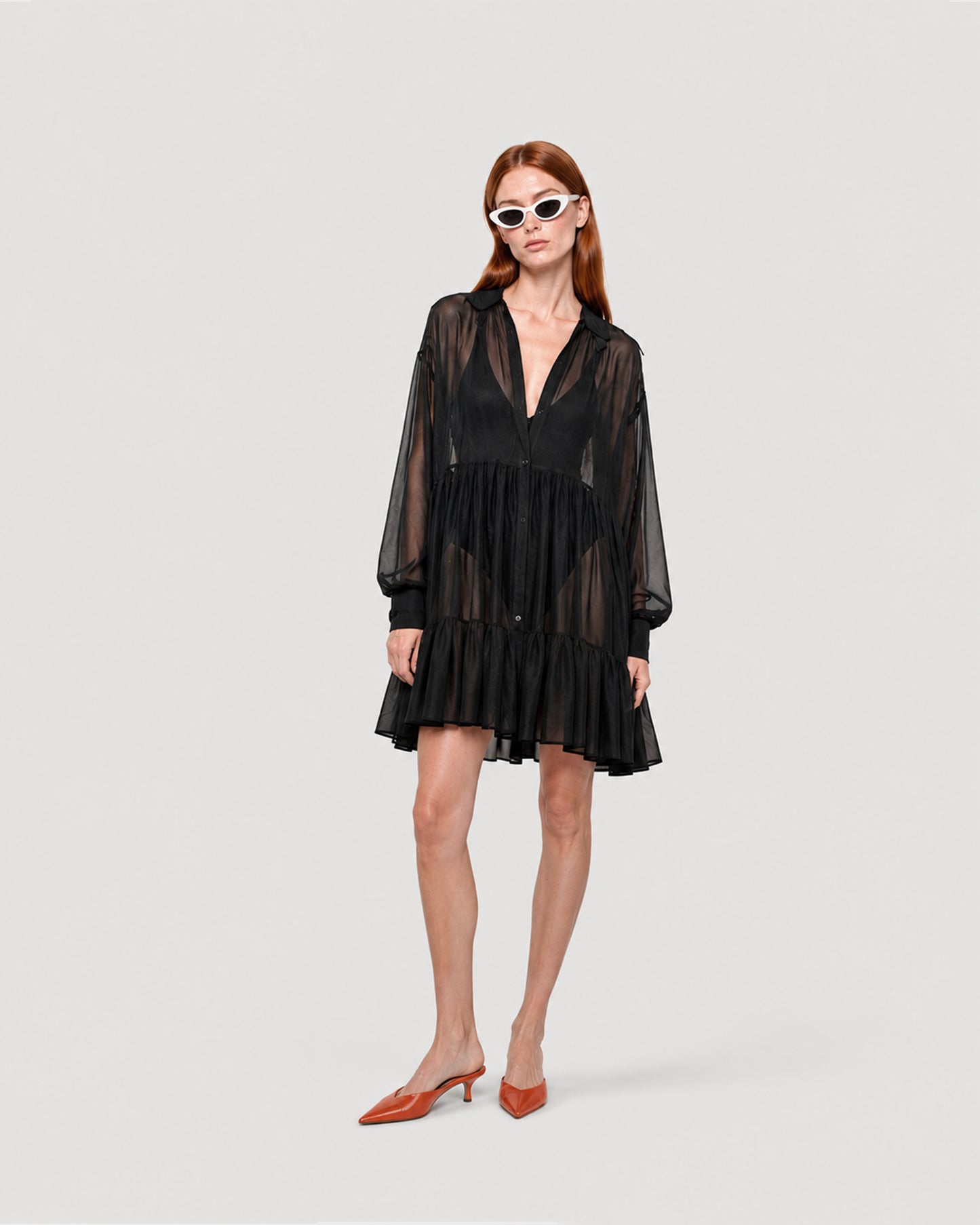 RUFFLED GEORGETTE BLACK SHIRT/DRESS