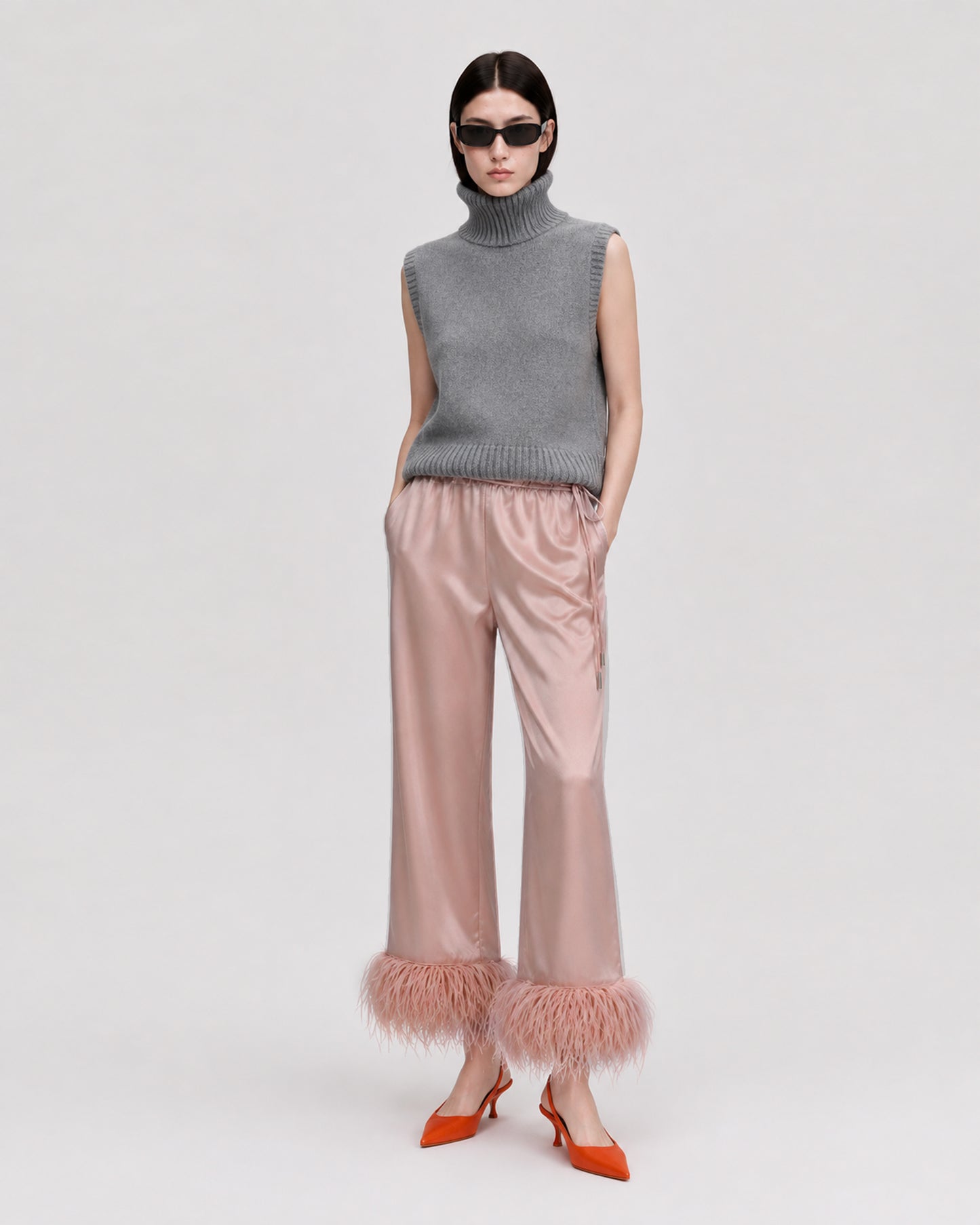 PINK SATIN TROUSERS OSTRICH FEATHERS