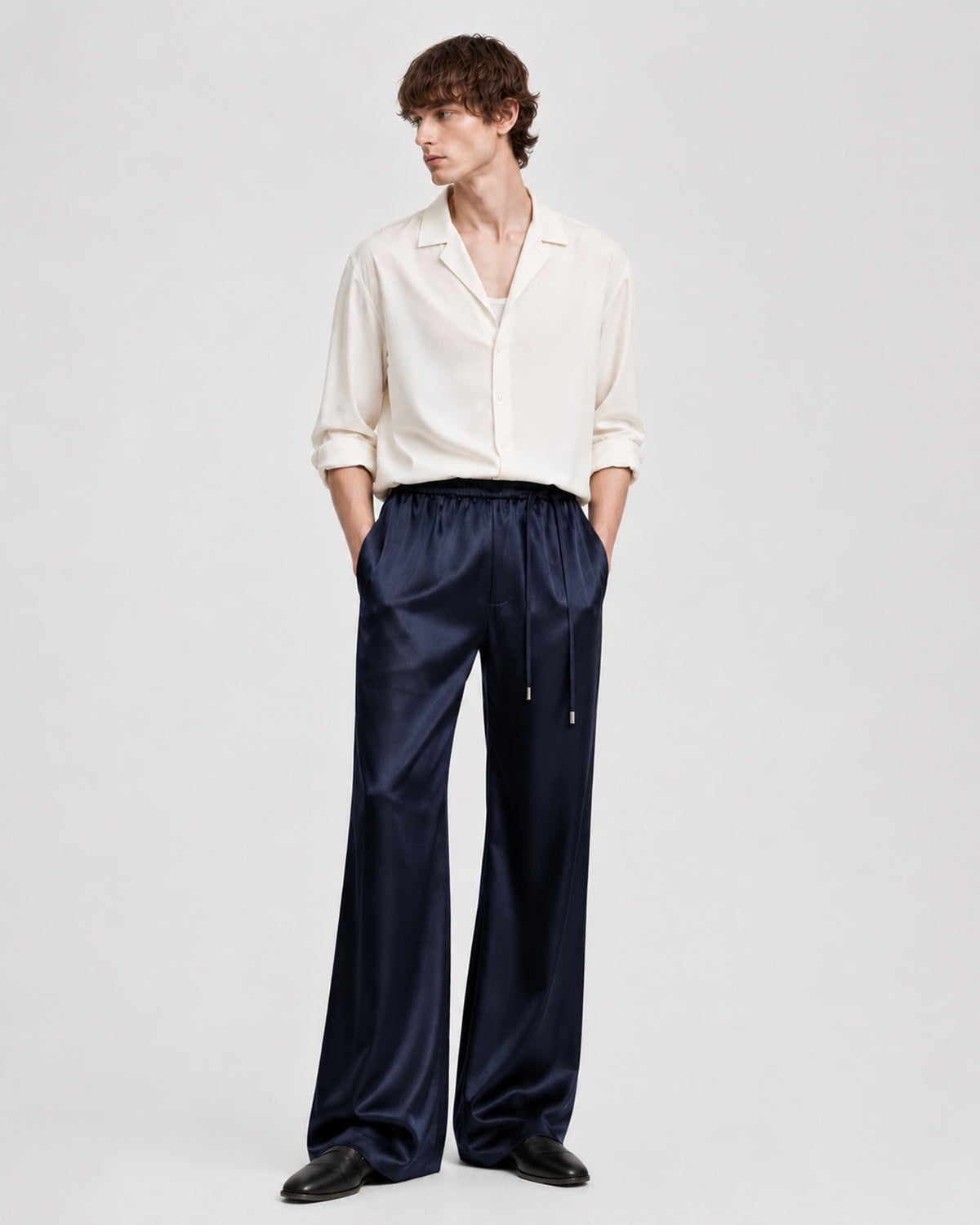 MIDNIGHT BLUE SATIN BOOTCUT TROUSERS