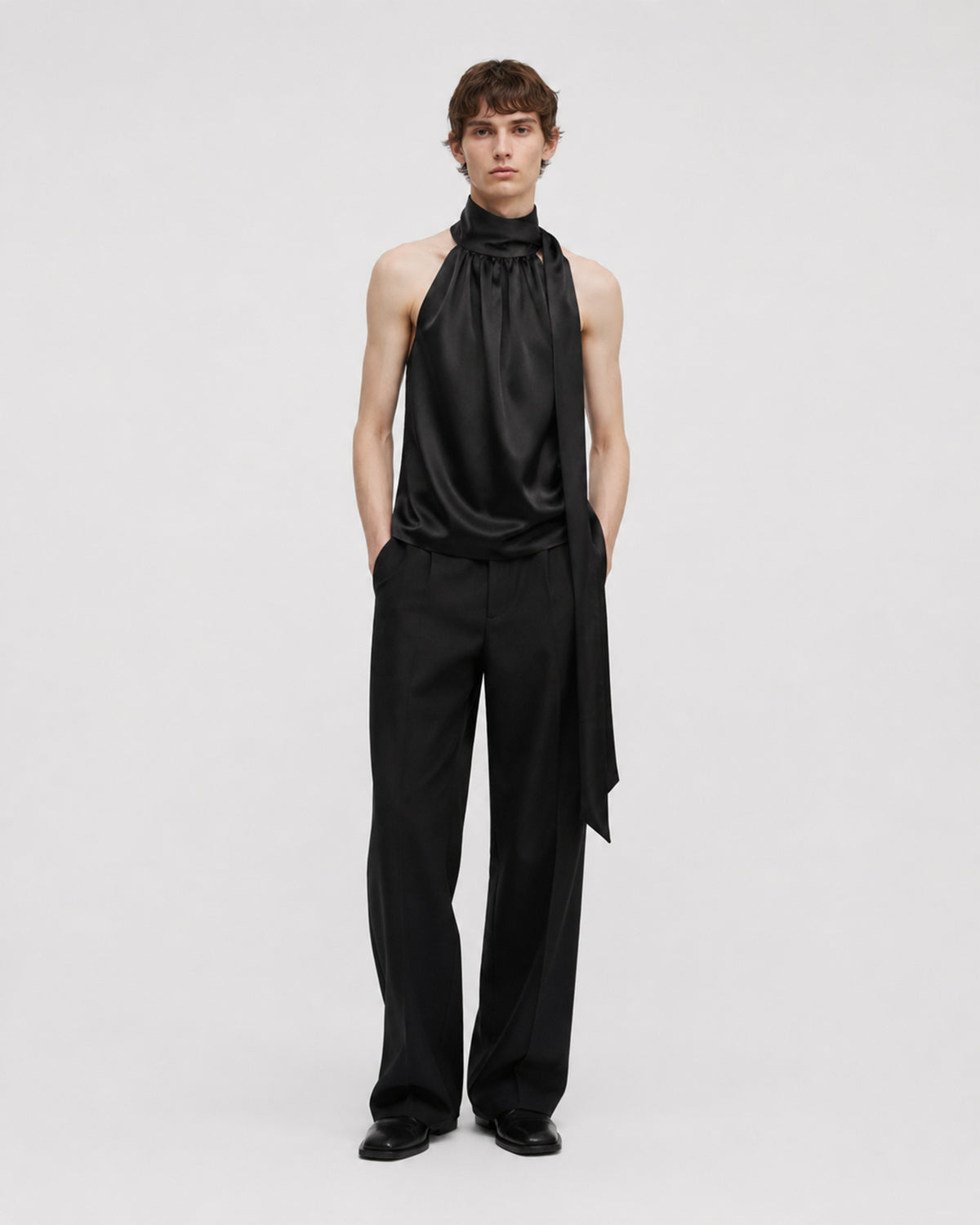 BLACK VISCOSE SATIN HALTER TOP