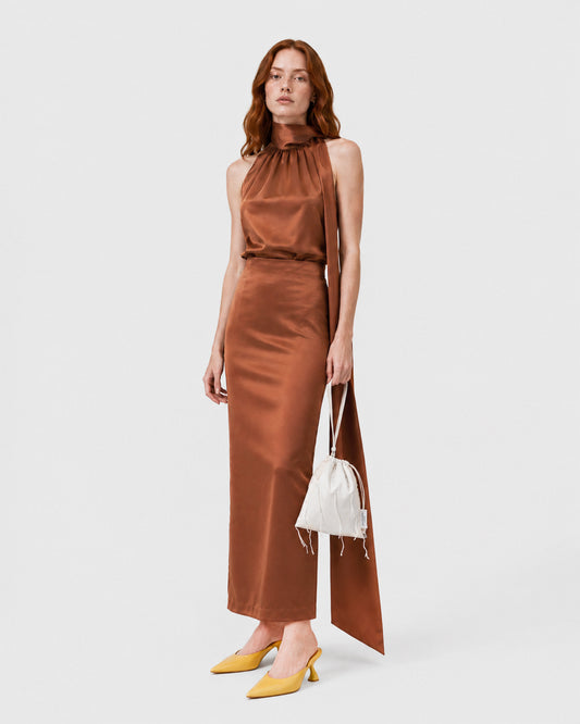 COPPER VISCOSE SATIN HALTER TOP