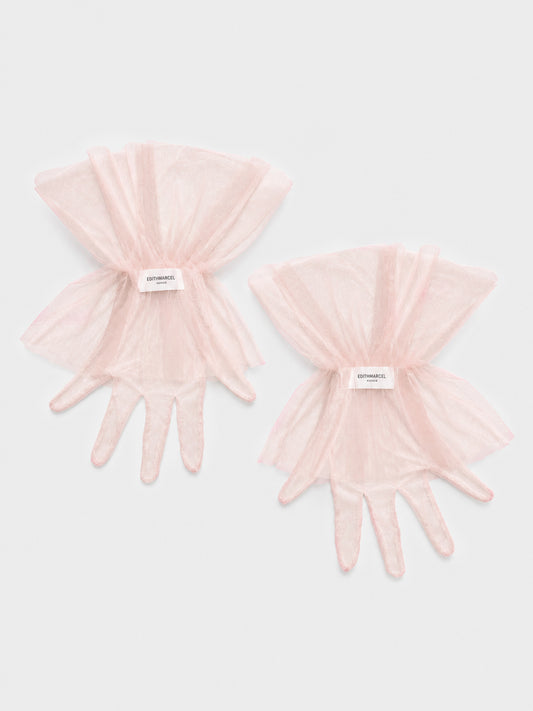 SHORT PINK TULLE GLOVES WITH GATHERED RUFFLE
