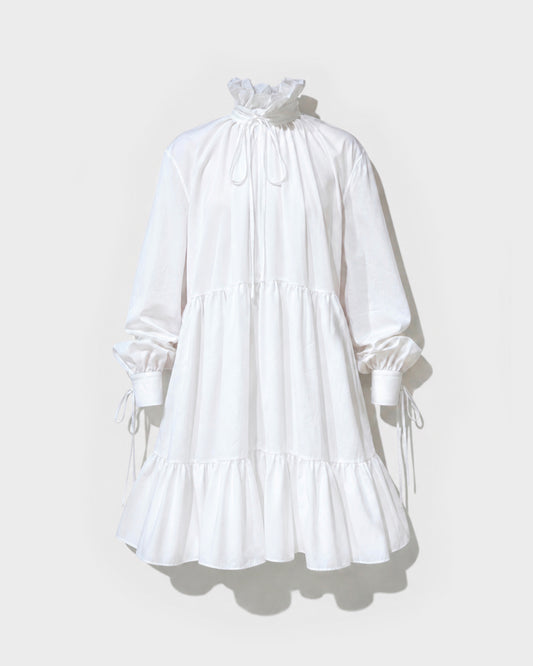WHITE POPLIN RUFFLED DRESS