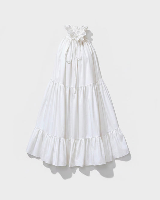 HALTER NECK WHITE POPLIN RUFFLED DRESS
