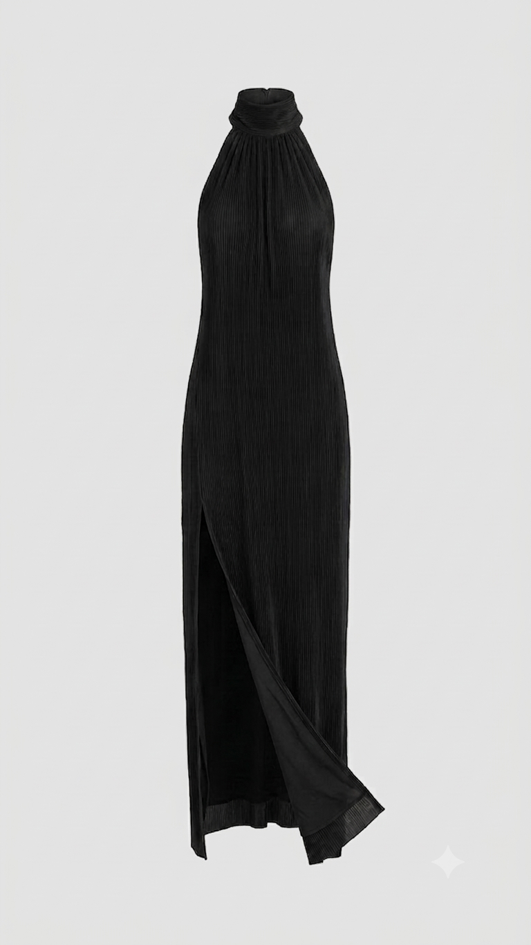 BLUE PLEATED HALTER MAXI DRESS