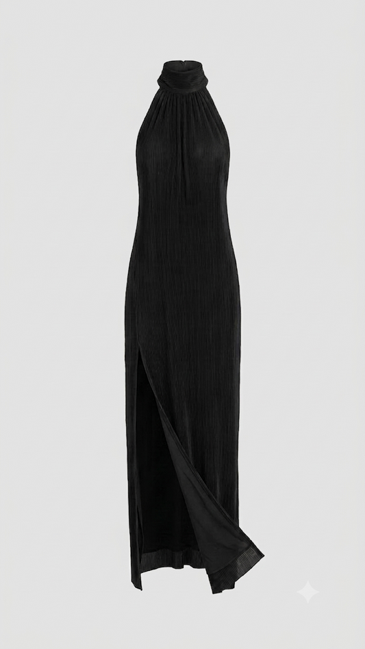 BLUE PLEATED HALTER MAXI DRESS