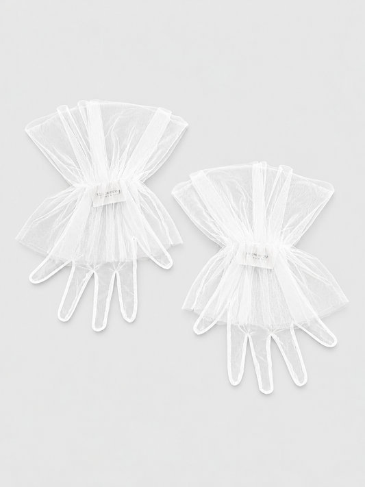 SHORT WHITE TULLE GLOVES WITH GATHERED RUFFLE