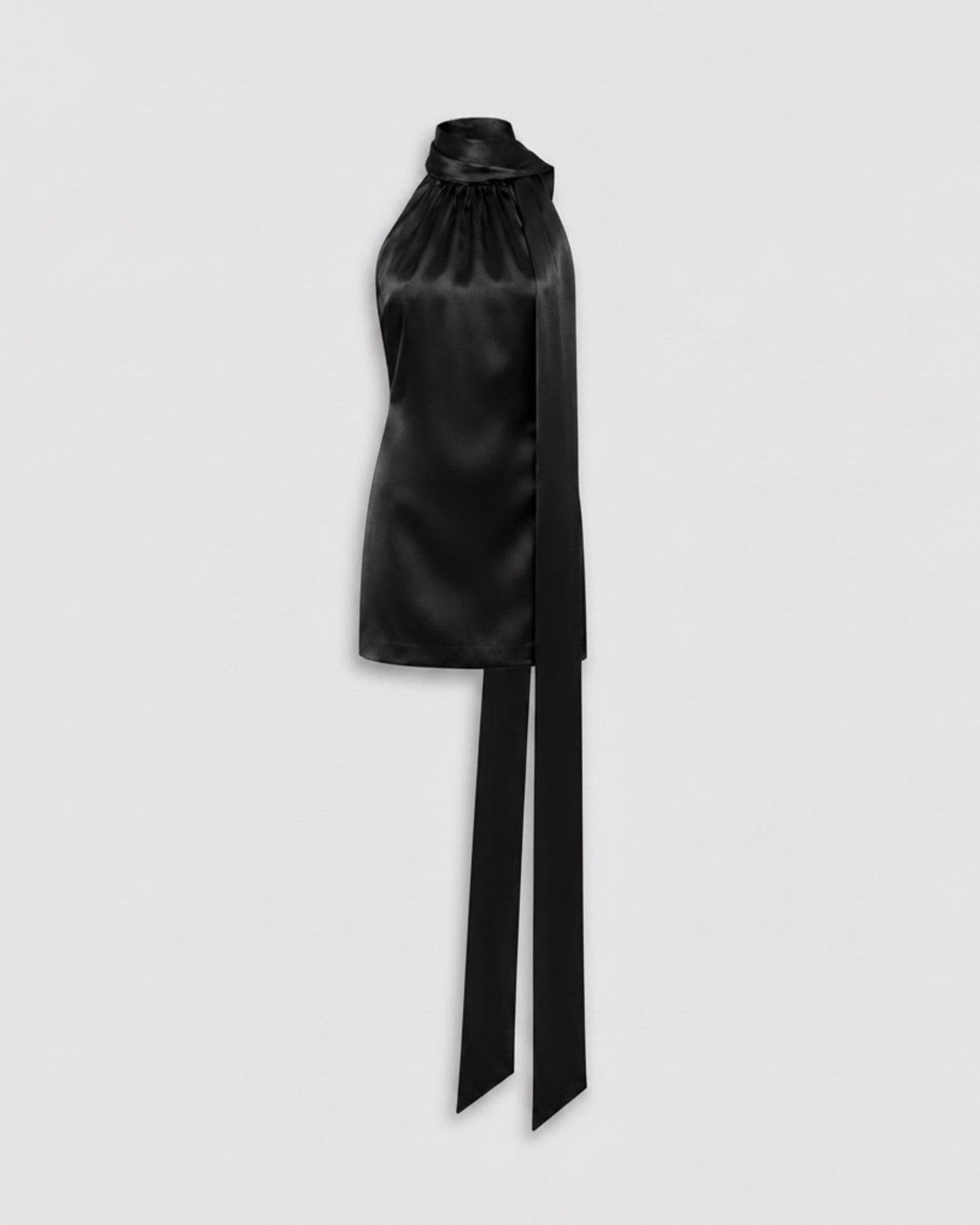 BLACK VISCOSE SATIN HALTER MINI DRESS