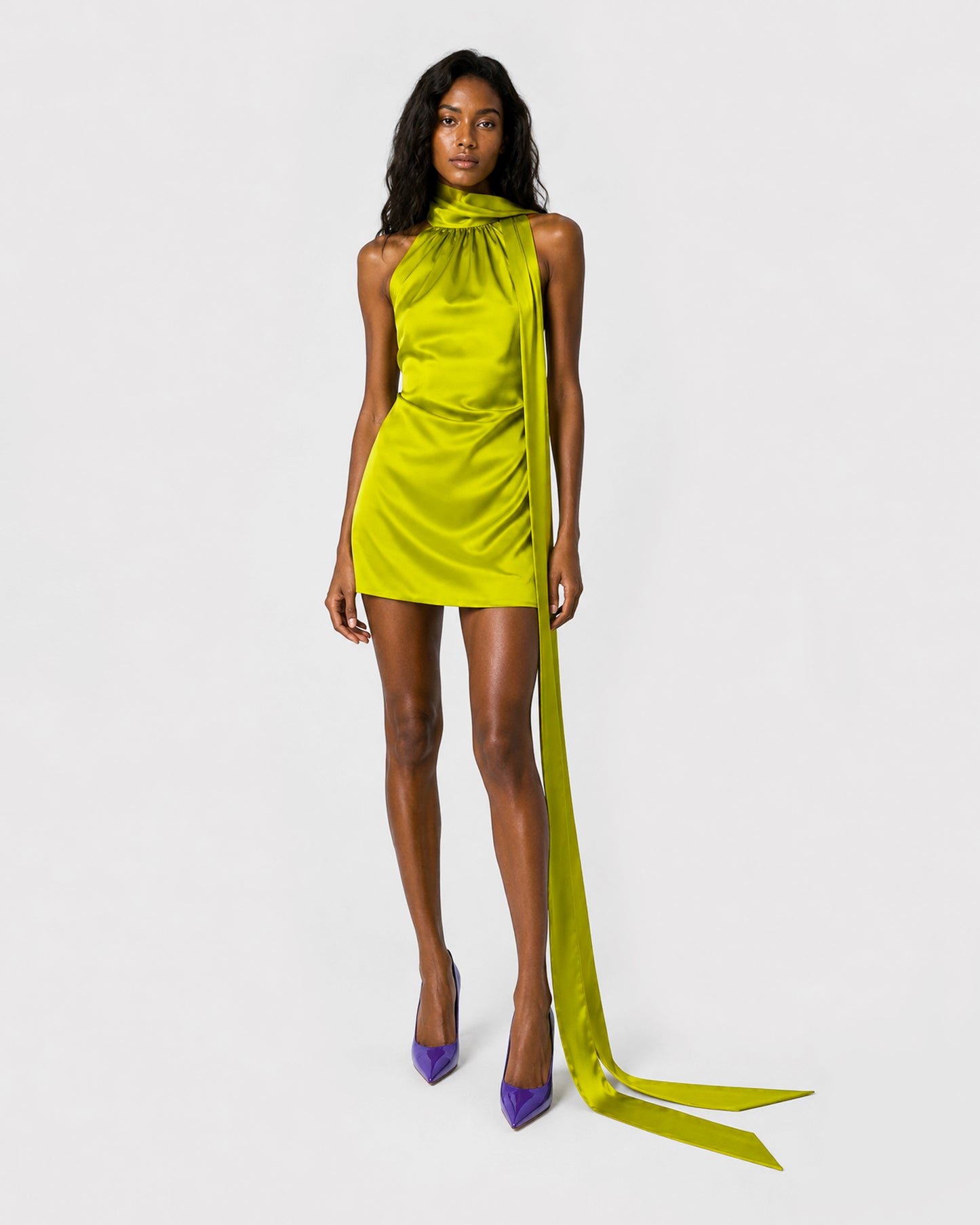 GREEN VISCOSE SATIN HALTER MINI DRESS