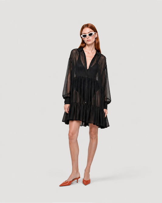 RUFFLED GEORGETTE BLACK SHIRT/DRESS