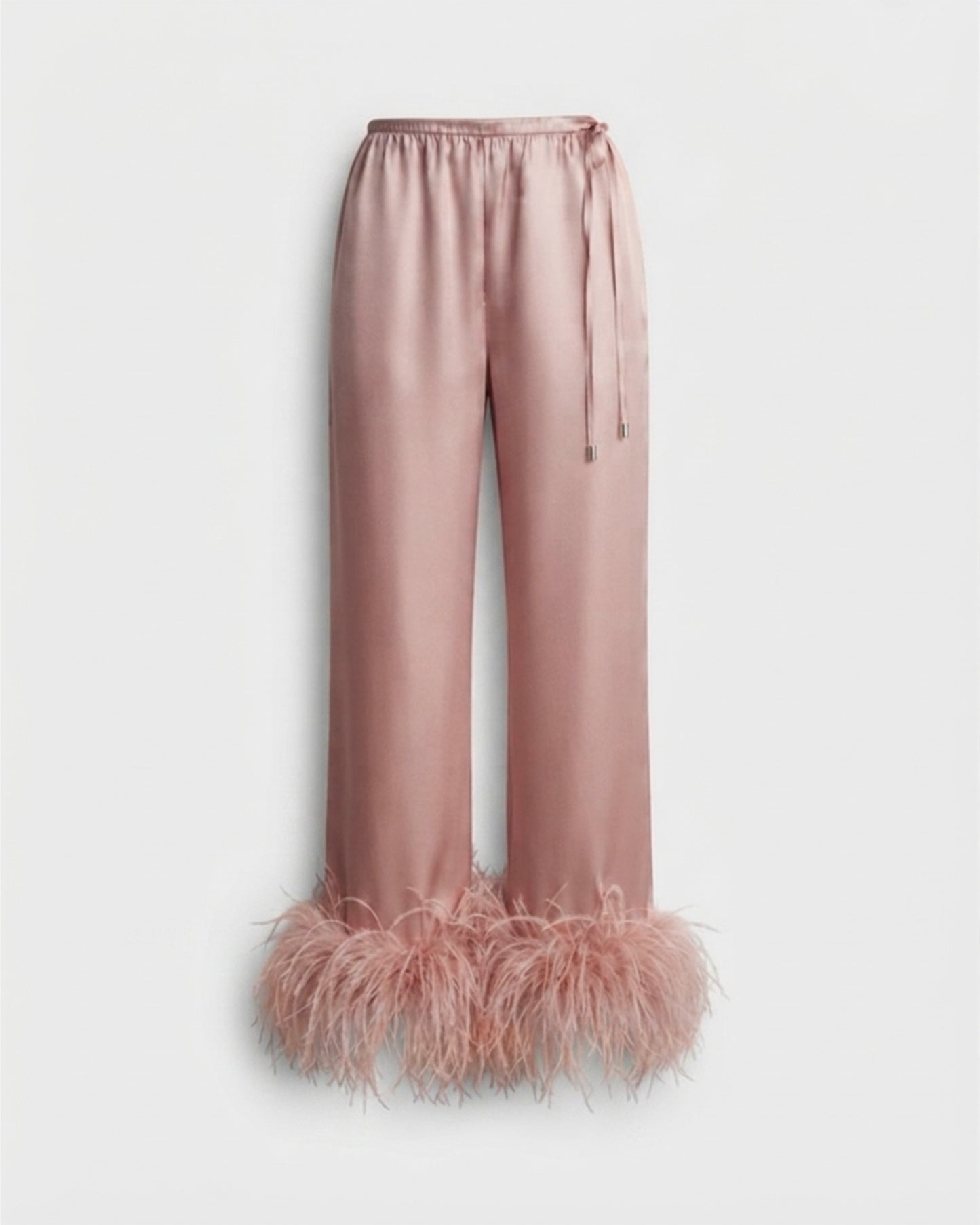 PINK SATIN TROUSERS OSTRICH FEATHERS