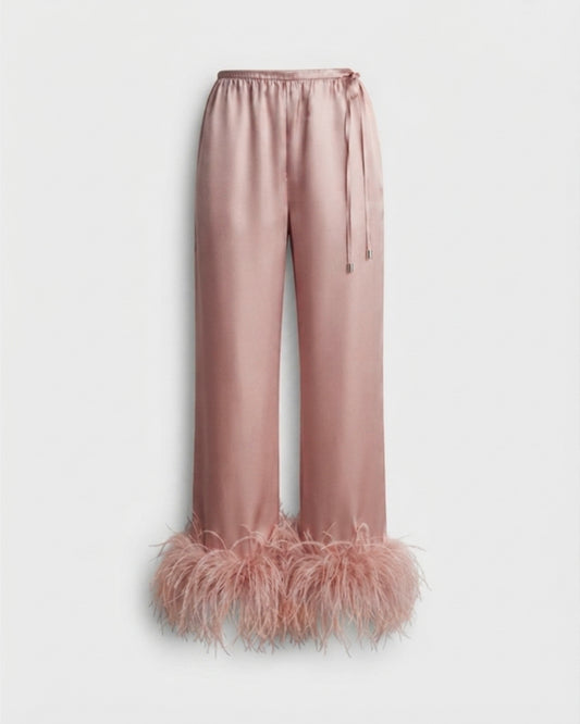 PINK SATIN TROUSERS OSTRICH FEATHERS