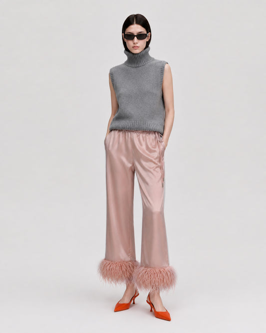 PINK SATIN TROUSERS OSTRICH FEATHERS
