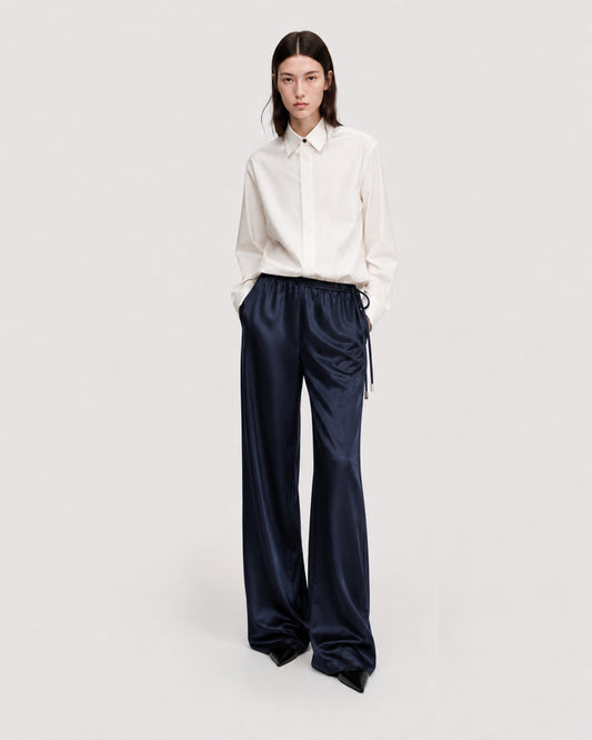 MIDNIGHT BLUE SATIN BOOTCUT TROUSERS