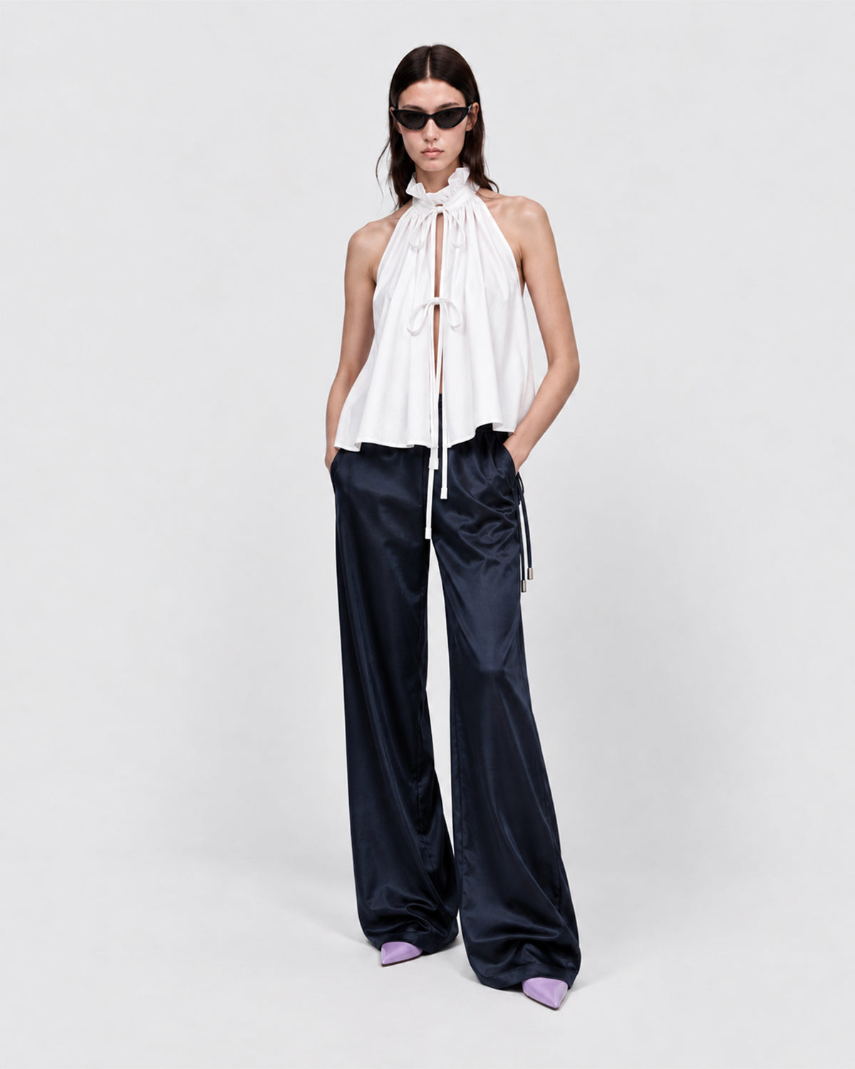 HALTER NECK POPLINE TOP WITH RUFFLED COLLAR