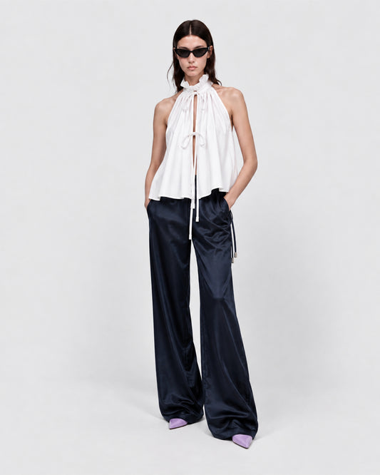 HALTER NECK POPLINE TOP WITH RUFFLED COLLAR